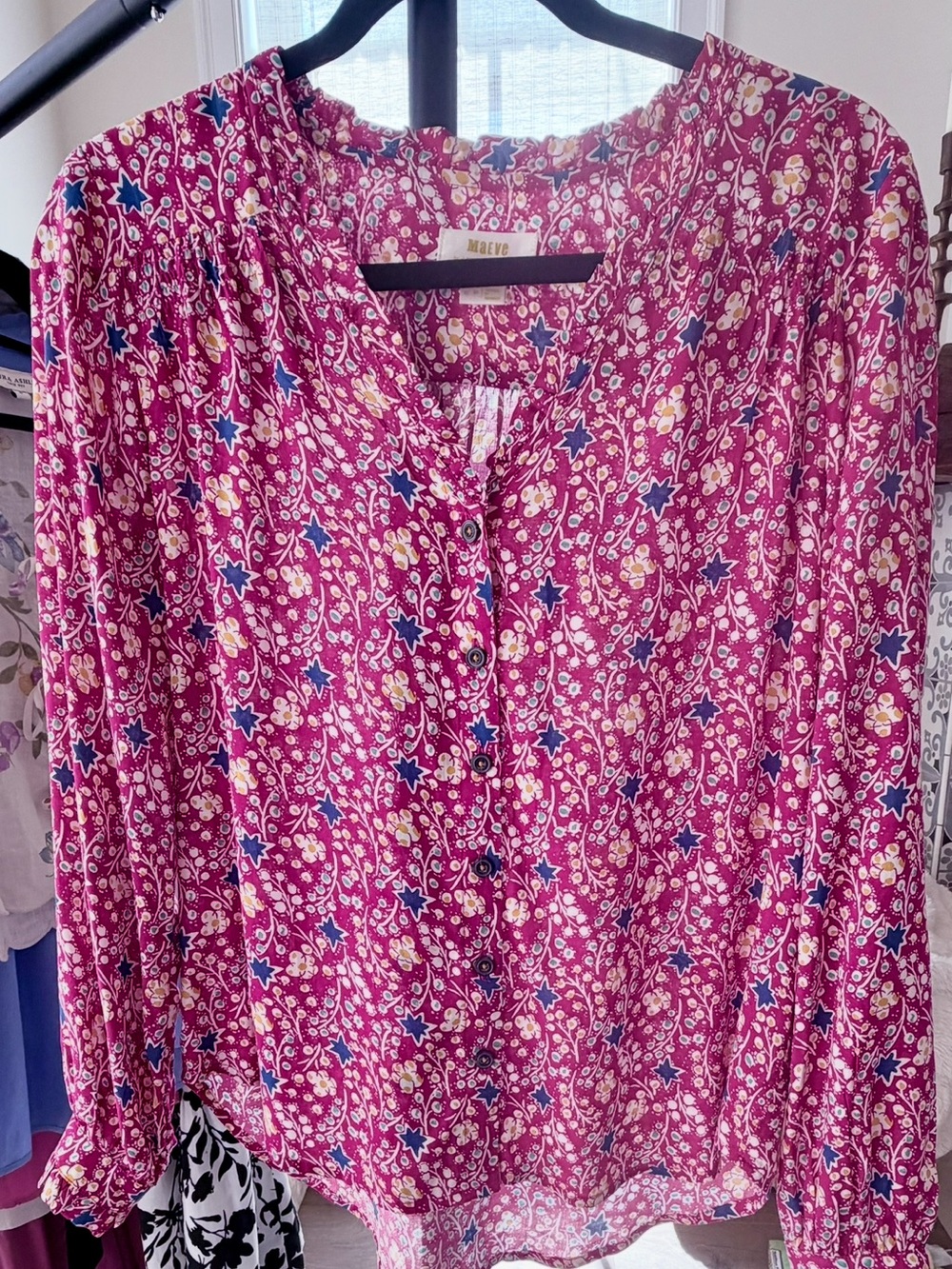 Maeve Red Floral Button-Front Blouse with Teal and Navy Accents